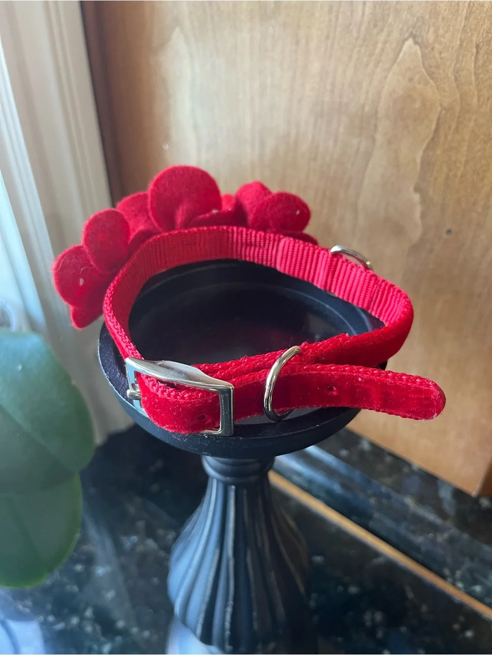 Red Floral Felt Dog Collar with Decorative Gem Accents